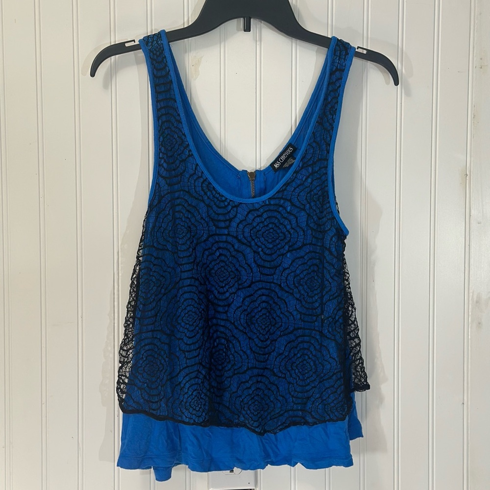 Mischievous Top Flowy Tank Blue Black Overlay Lace Small M